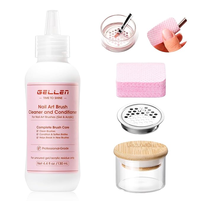 Gellen Nail Art Brush Cleaner Set, 130ml Rose Oily Acrylic Brush Cleaner Liquid with Filter Mesh Wash Cup & 100Pcs Lint-Fr...