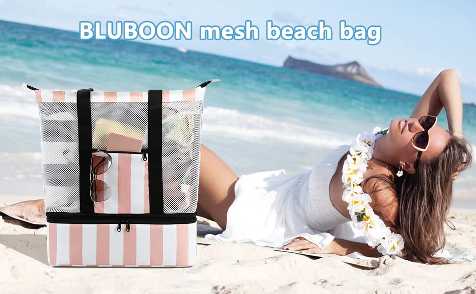 Bluboon Mesh Beach Tote Bag with Cooler Compartment Insulated Detachable Picnic Bag with Zipper and Pocket Pool Bag for Women
