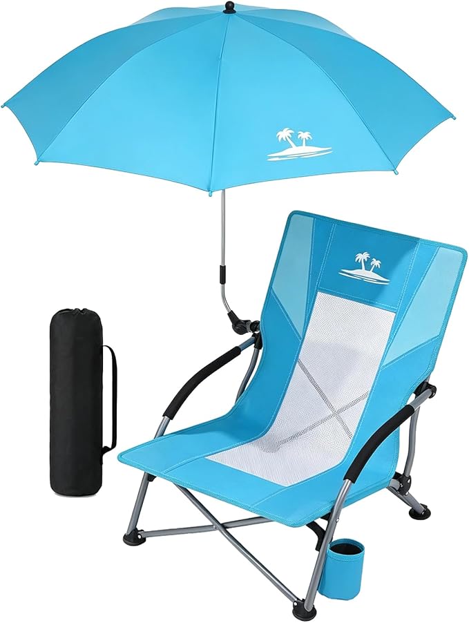Folding Beach Chair with Umbrella, Low Profile Portable Sand Chair for Adults, Breathable Mesh Beach Seat with Cup Holder,...