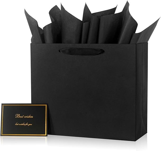 Elegant Black Gift Bag 11.8"x4.5"x9.8" with Ribbon Handles, Includes Card and Tissue Papers, Perfect for Birthdays, Weddin...