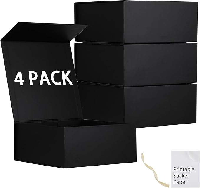 MUMUPACK 4 Pack Black Gift Boxes With Lids,9x9x4 Inch Bridesmaid Proposal Box And Printable Stickers,Proposal Boxes With R...