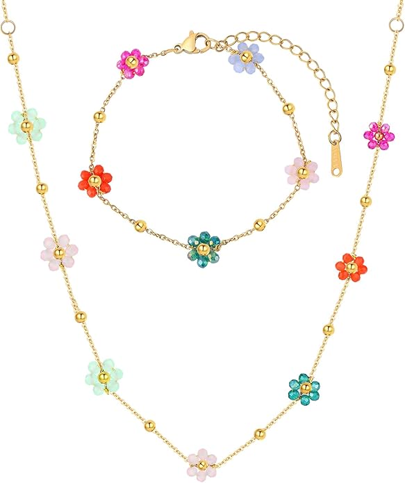 VceTd Bohemian Beaded Necklace and Bracelet Set for Women, Colorful/Pink/Green/Rose Red Daisy Flower Pendant with 18K Gold...