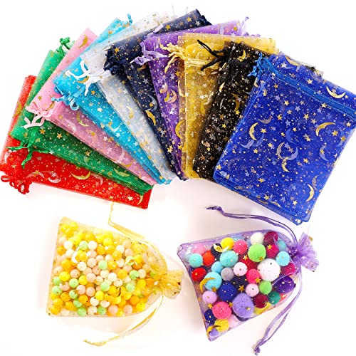 ENNIYU 100 Pieces Moon Star Organza Bags, 4x6“ Mixed Color Christmas Wedding Favors Gift Drawstring Bags Jewelry Pouches C...