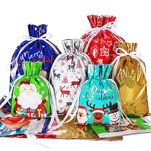 HRX Package Holiday Drawstring Gift Bags, 30pcs Christmas Foil Gift Wrapping Sacks Pouches for Xmas Presents Party Favor (...