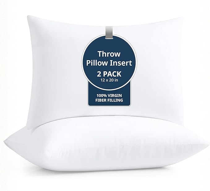 LANE LINEN 12x20 Pillow Insert - Pack of 2 White Decorative Pillows for Sofa Bed, Fluffy Pillow Inserts for Cushion Cover...