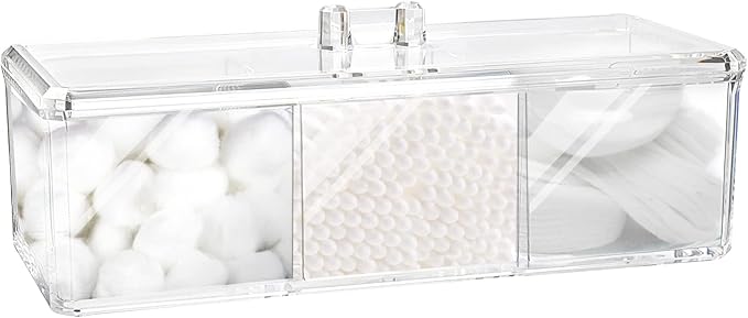 Square Qtip Holder Dispenser, 3 Compartments Cotton Ball Holder, Bathroom Canisters for Cotton Swab, Ball, Cottons Pad Org...