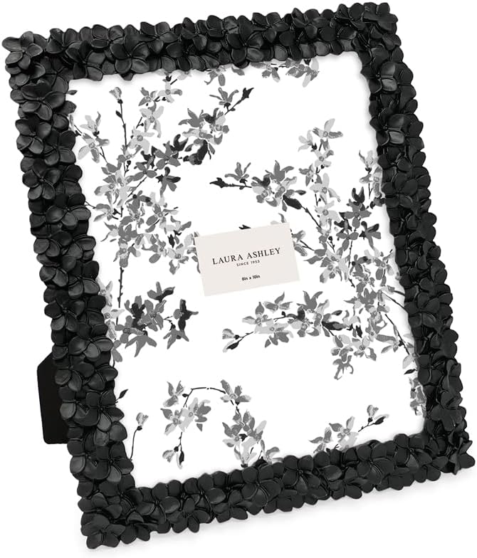 Laura Ashley 8x10 Black Flower Textured Hand-Crafted Resin Picture Frame w/Easel & Hook for Tabletop & Wall Display, Decor...