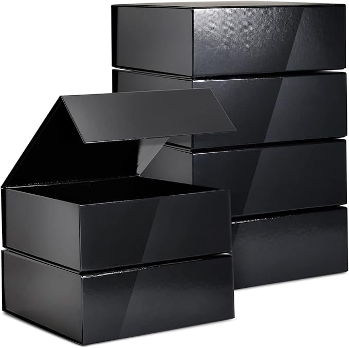 Stockroom Plus Gift Boxes with Lids - 9.5 x 9.5 x 3.5 In, 6-Pack Glossy Black Square - Magnetic Closure & Reusable Decorat...
