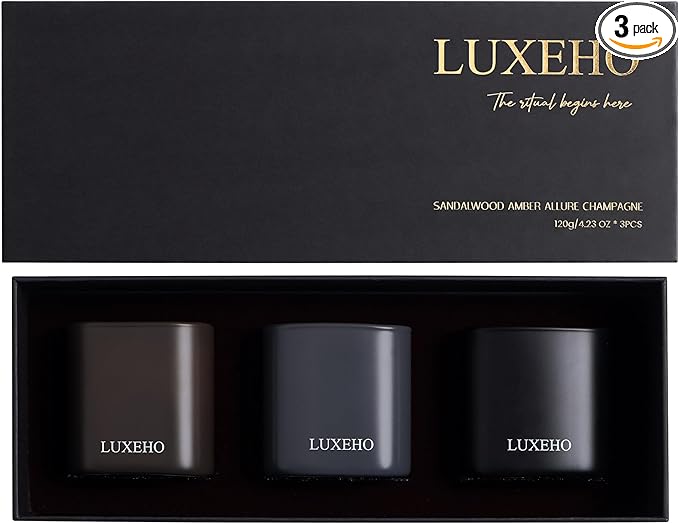 Luxury Scented Candle Set 3-Pack | Home Decor & Giftable Soy Candles | Champagne, Sandalwood & Amber | 75h Burn Time | Cot...