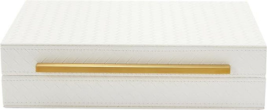 Kingflux White Wooden Keepsake Box With Faux Leather and Brushed Gold Handle, Gift and Storage Box for Vanity, Coffee Tabl...