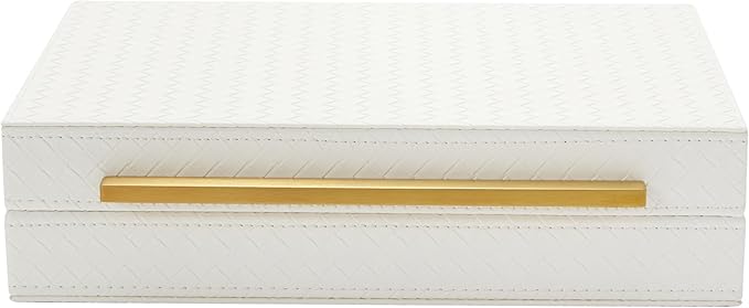 Kingflux White Wooden Keepsake Box With Faux Leather and Brushed Gold Handle, Gift and Storage Box for Vanity, Coffee Tabl...