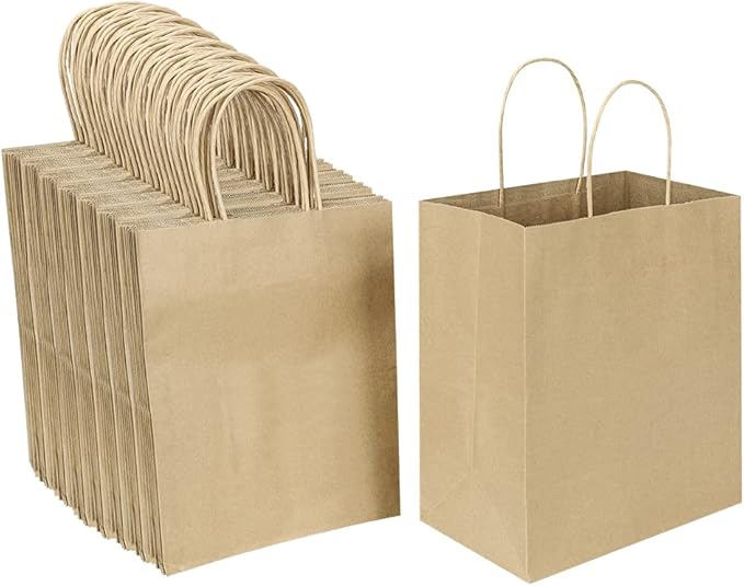 Oikss 100 Pack 8x4.75x10 Inch Medium Brown Kraft Paper Bags with Handles Bulk for Wedding Birthday Party Favors Grocery Re...