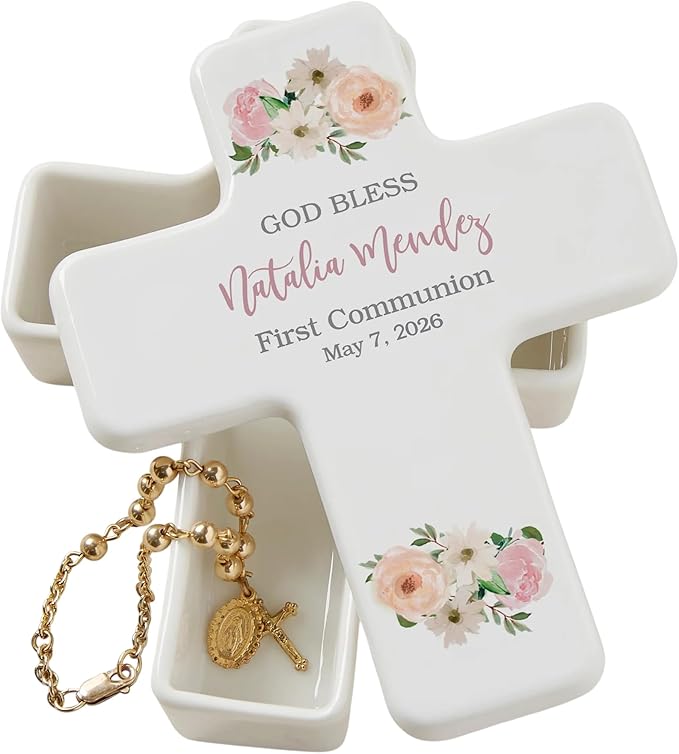 Personalization Universe Pink Floral First Communion Keepsake Box, Personalized Ceramic Prayer Box, First Communion Gifts ...