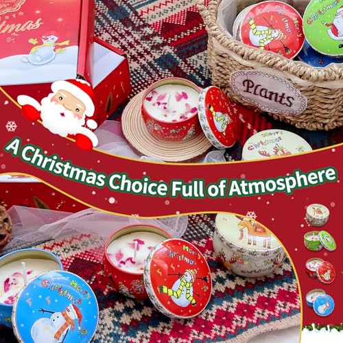 Christmas Scented Candles Gift Set, Holiday Aromatherapy Candles, 4 Decorative Jars in Green, Blue, White with Festive Bo...
