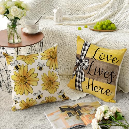 AVOIN colorlife Home Sweet Home Bee Sunflower Throw Pillow Covers, 18 x 18 Inch Love Lives Here Spring Summer Stripes Cush...