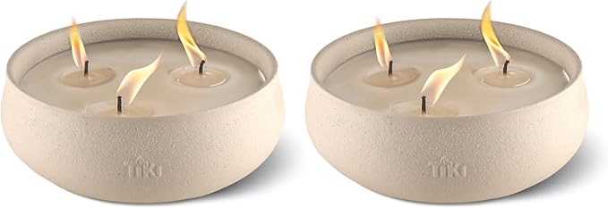 TIKI Citronella Candle 2-Pack – 7-Inch White Wax Bowl with Concrete Finish – Outdoor Decorative Candles for Patio, Deck, G...