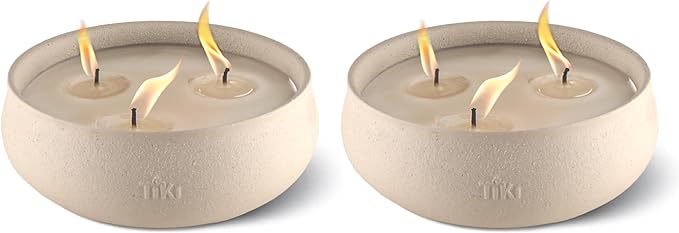 TIKI Citronella Candle 2-Pack – 7-Inch White Wax Bowl with Concrete Finish – Outdoor Decorative Candles for Patio, Deck, G...