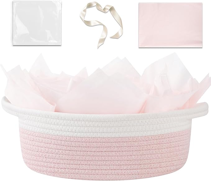 OIAHOMY Gift Basket Empty with Handle, 12"x 8"x 5" Small Woven Basket with Gift Bag, Ribbon and Wrap Tissue Paper, Dog Toy...