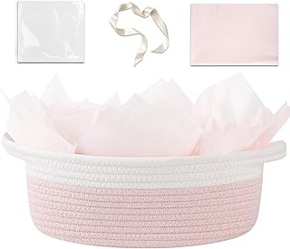 OIAHOMY Gift Basket Empty with Handle, 12"x 8"x 5" Small Woven Basket with Gift Bag, Ribbon and Wrap Tissue Paper, Dog Toy...