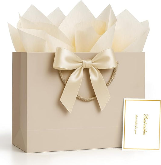 ANZNKU Gift Bags Medium with Handles with Ribbon Card and 2 Tissue Paper, 1 Pcs Cute Champagne Beige Paper Gift Wrap Bag f...