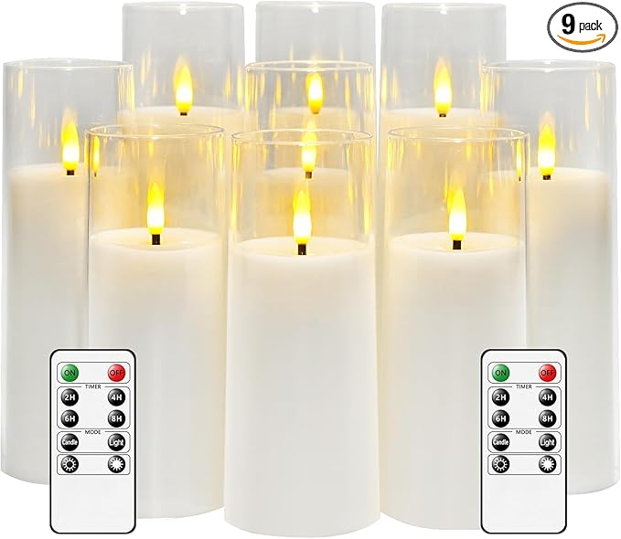 kakoya Flickering Flameless Candles Battery Operated with Remote and 2/4/6/8 H Timer Acrylic Led Pillar Candles Pack of 9...