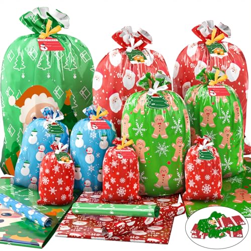 BlessedSeason 22PCS Gift Bags Set, 5 Styles Bags for Gifts, Holiday Reusable Santa Gift Bag (3 X-Large, 3 Large, 5 Medium,...