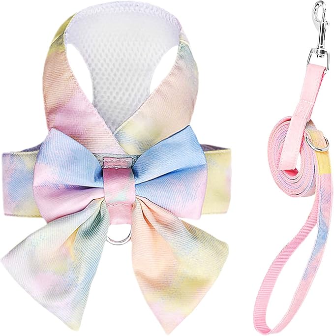 PETCARE Cute Bow Tie Dog Harness and Leash Set Elegant Rainbow Gradient Puppy Harness No Pull Soft Mesh Pet Cat Dog Vest H...