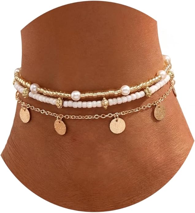 Qceasiy Shell Ankle Bracelet Set for Women, Gold Plated Boho Bead Adjustable Anklet, Hawaiian Beach Seashell Pearl Heart S...
