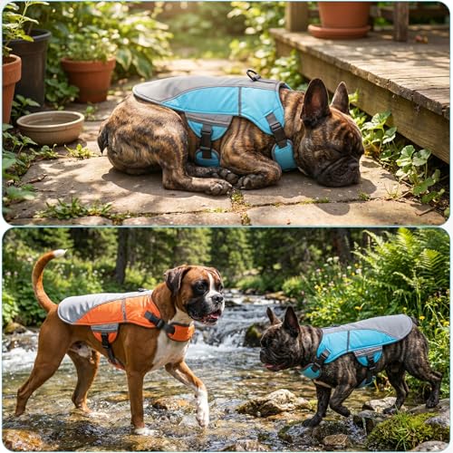 DENTRUN Dog Cooling Vest with Dual Absorbent Core, Adjustable Sun Protective Vest for Hot Weather, Doggie Ice Jacket Hikin...