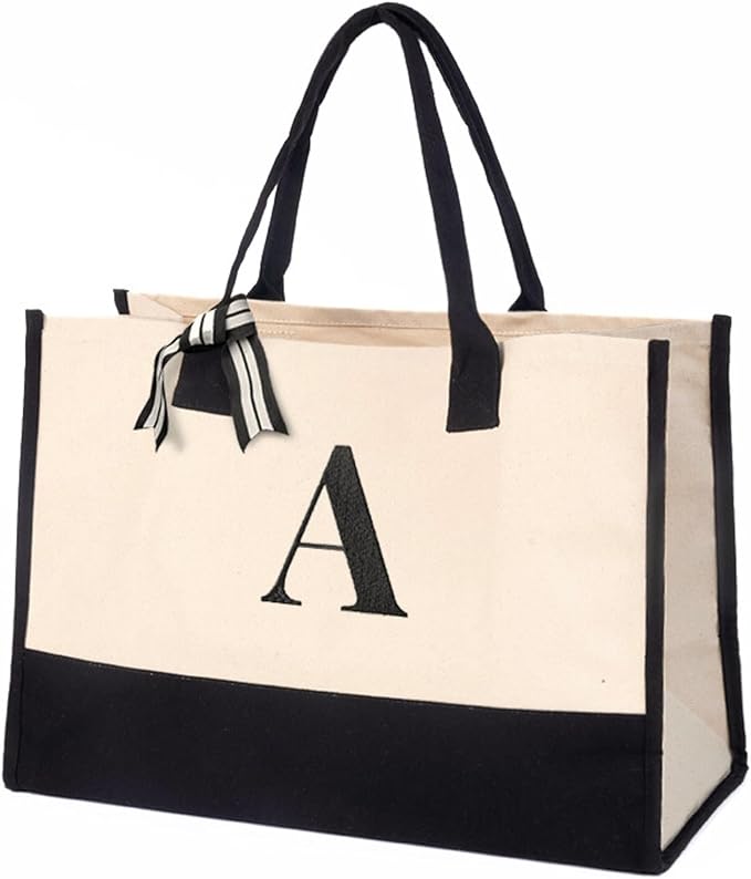 Salt Earth Personalized Initial Canvas Tote Bag for Women, Large Cotton Monogram Beach Grocery Reusable Work Travel Tote