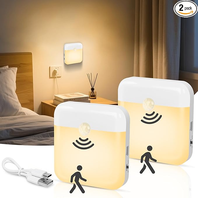 QIHANS 2 Pack Motion Sensor Night Light, Rechargeable Battery Night Lights Warm White, Portable Mini Motion Activated Nigh...