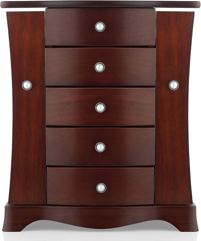 RR ROUND RICH DESIGN Jewelry Box - Made of Solid Wood with Tower Style 4 Drawers Organizer and 2 Separated Open Doors on 2...