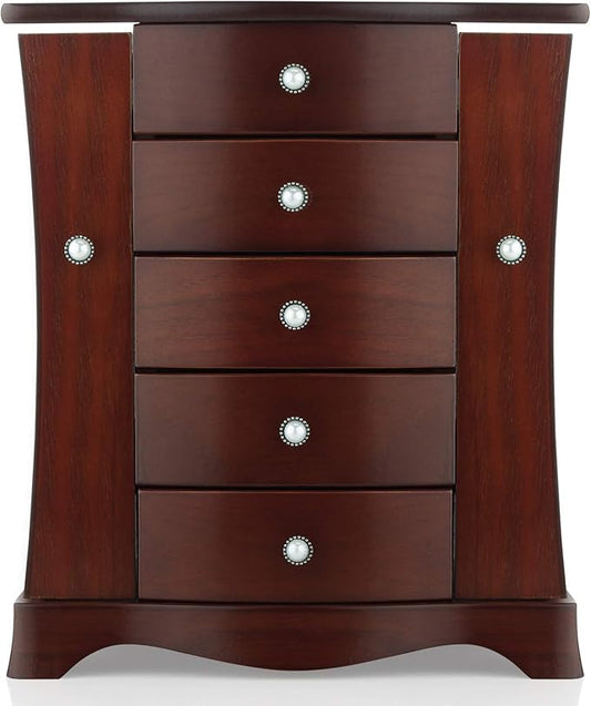 RR ROUND RICH DESIGN Jewelry Box - Made of Solid Wood with Tower Style 4 Drawers Organizer and 2 Separated Open Doors on 2...
