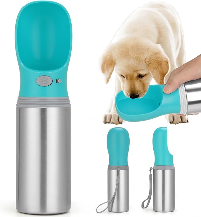 Portable Dog Water Bottle, 14 OZ, Stainless Steel Leak Proof Puppy Water Dispenser with Drinking Feeder for Pets Travel, W...