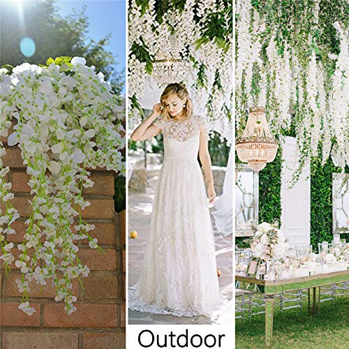 12Pcs Artificial Wisteria Flowers 3.6 Feet/Piece White Dense Artificial Fake Wisteria Vine Ratta Hanging Garland Silk Flow...