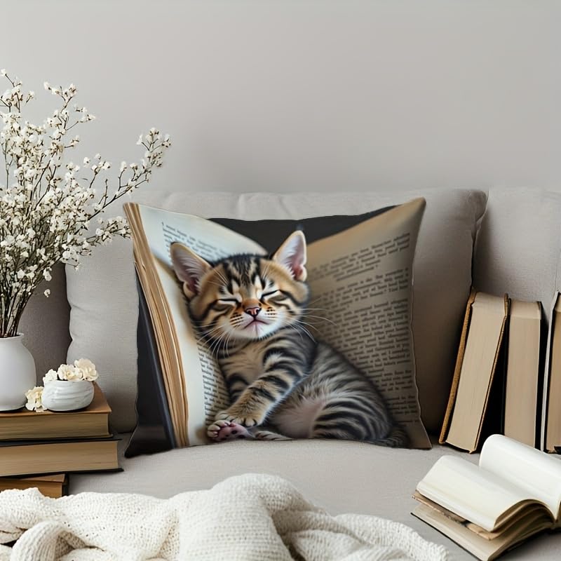 avpdupu Cat Pillow Cover 18x18 Inch Square Linen - Cute Animal Pillow Cover with Adorable Cat Design, Soft Decorative Thro...