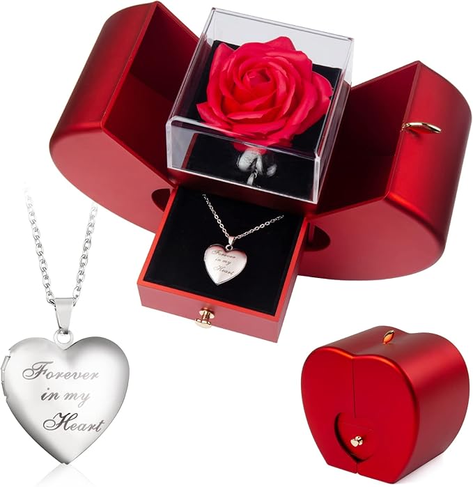 Preserved Real Rose with Forever in My Heart Locket Necklace Custom 2 Photos Cherish These Personalized Red Apple Surprise...