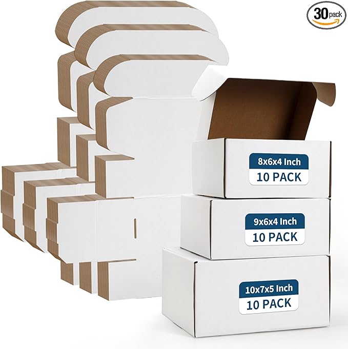 ZBEIVAN White Small Shipping Boxes, 30 Packs Cardboard Mailer Boxes for Packaging Small Business with Lids (10x7x5, 9x6x4,...