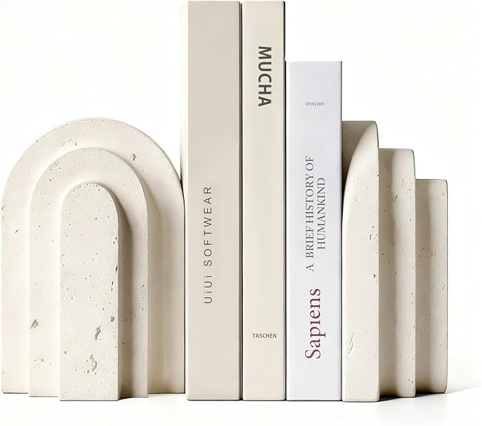 Havmorph Book Ends for Heavy Books, Beige Modern Pleasing Layered Arch Design Aesthetic Bookend Decorative, Concrete Book ...