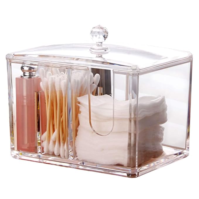 Watpot Qtip Cotton Pad Holder Dispenser Cotton Ball and Swab Storage with Lid Clear Acrylic Cotton Round Organizer, 4 Sect...