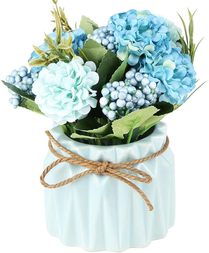 SUPNIU Artificial Hydrangea Bouquet with Small Ceramic Vase Fake Silk Variety Flower Balls Flowers Decoration for Table Ho...