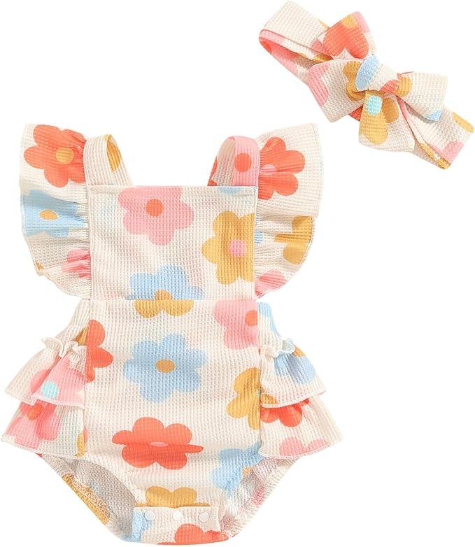 Hibabying Summer Baby Girl Clothes Fly Sleeve Ruffle Floral Romper Newborn Girls Jumpsuit Boho Cute Outfits