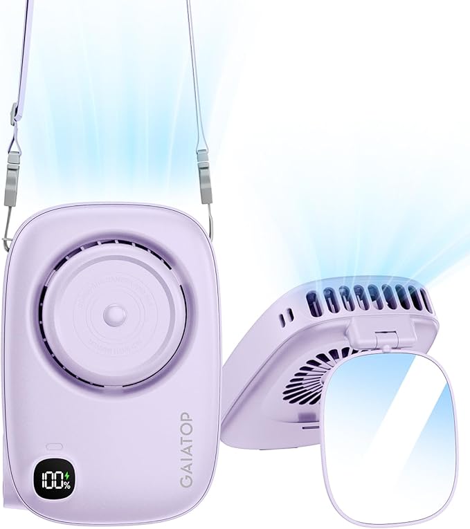 Gaiatop Mini Neck Fan, Rechargeable Handheld Desk Use, LED Power Display 3 Speed 360°Rotate Mirror for Lash Makeup, Cute C...