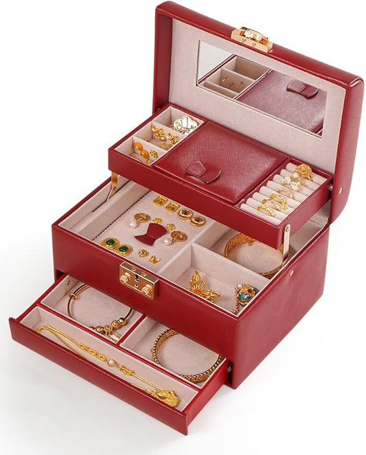 CASEGRACE Jewelry Box,3 Layers Leather Jewelry Storage Box with Lock, Mirror,Jewelry Storage Case for Necklaces Earrings B...