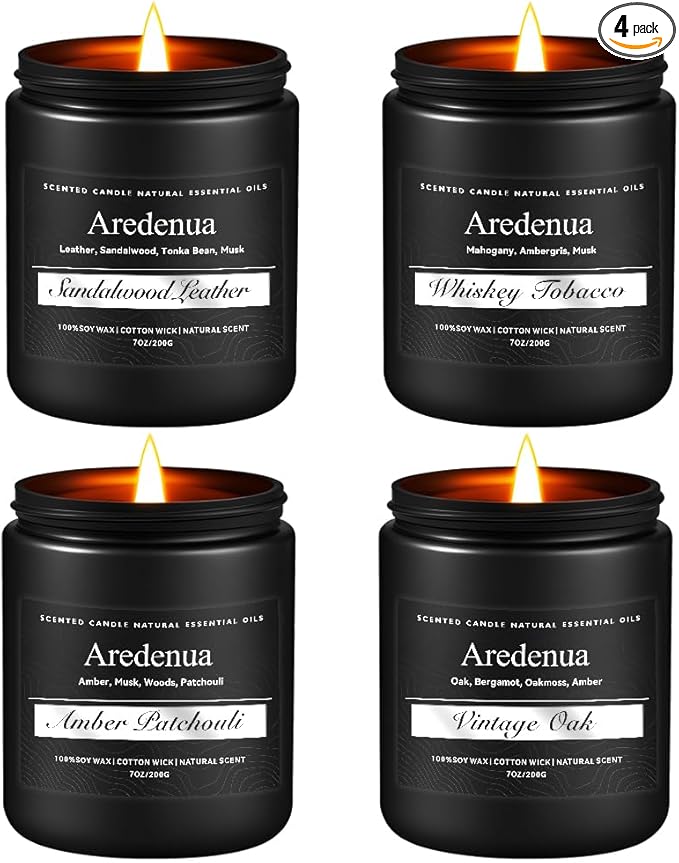 Mens Candle Set – Manly Candles for Men, 4 Pack Soy Candles for Home Scented, Masculine Candle Gift Set - Includes Sandalw...