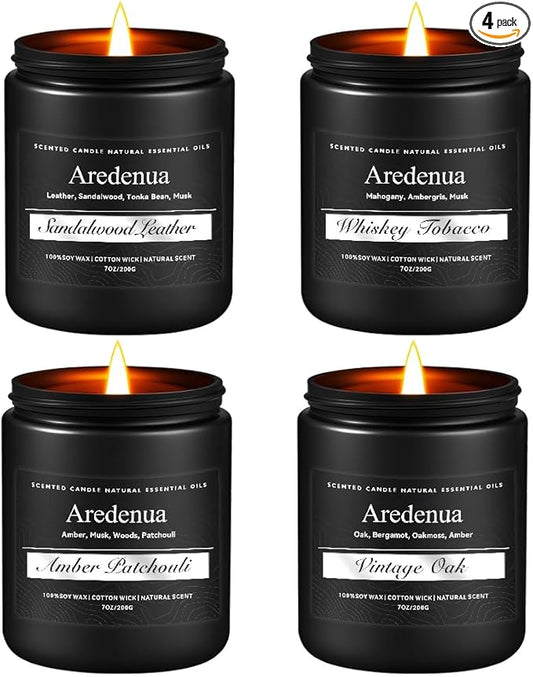 Mens Candle Set – Manly Candles for Men, 4 Pack Soy Candles for Home Scented, Masculine Candle Gift Set - Includes Sandalw...