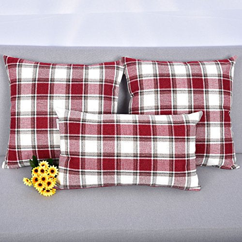 NATUS WEAVER 2 Piece Burgundy White Checker Pillow Case Soft Linen Square Decorative Throw Cushion Cover Pillowcase with H...