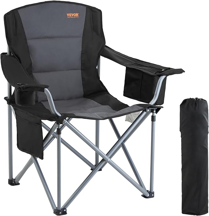 VEVOR Oversized Camping Folding Chair, Portable Heavy Duty Outdoor Quad Lumbar Back Padded with Side Pockets, Cup Holder a...