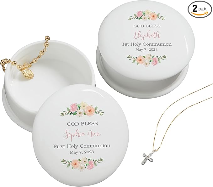 Personalization Universe Pink Porcelain Personalized Floral First Communion Jewelry Box - Customizable with Name, Date & M...