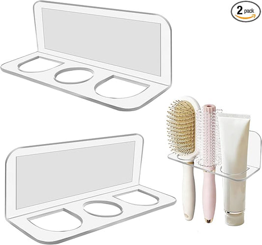2-Pack Acrylic Hair Brush Holder Wall Mounted, Bathroom Organizer with Industrial Adhesive for Combs, Round Brushes, Hair ...